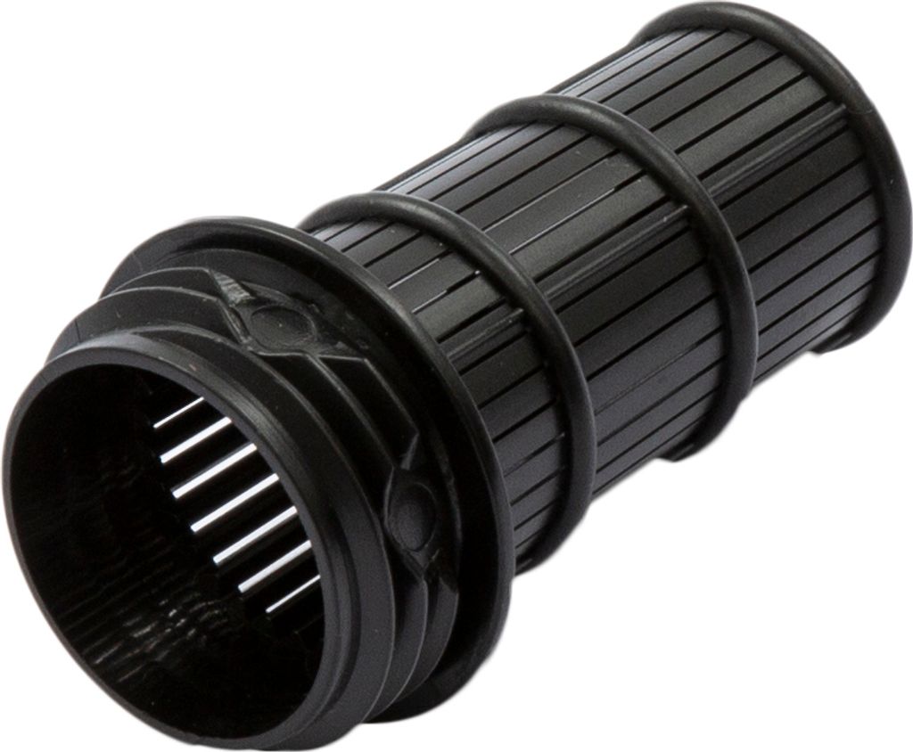 A black plastic filter housing with ribbed sections and rings, isolated on a white background.