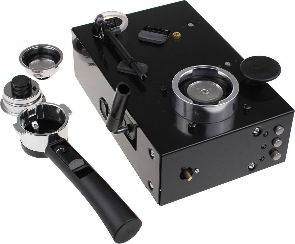 A black espresso machine part with accessories.
