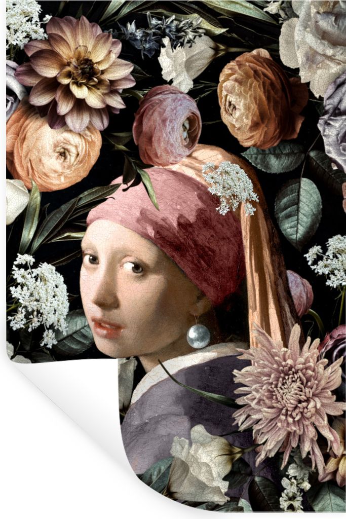 MuchoWow Wandtattoo Wandsticker Wandaufkleber Mädchen mit Perlenohrring - Blumen - Vermeer - Pastell - Kunstwerk - Gemälde - Alte Meister 40x60...