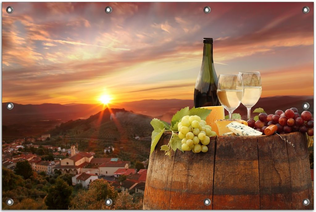 Wallario Outdoor-Poster für Garten oder Balkon, Motiv Wein Romantik - Weißwein mit Käse auf einem Fass, in ca. 80 x 120 cm