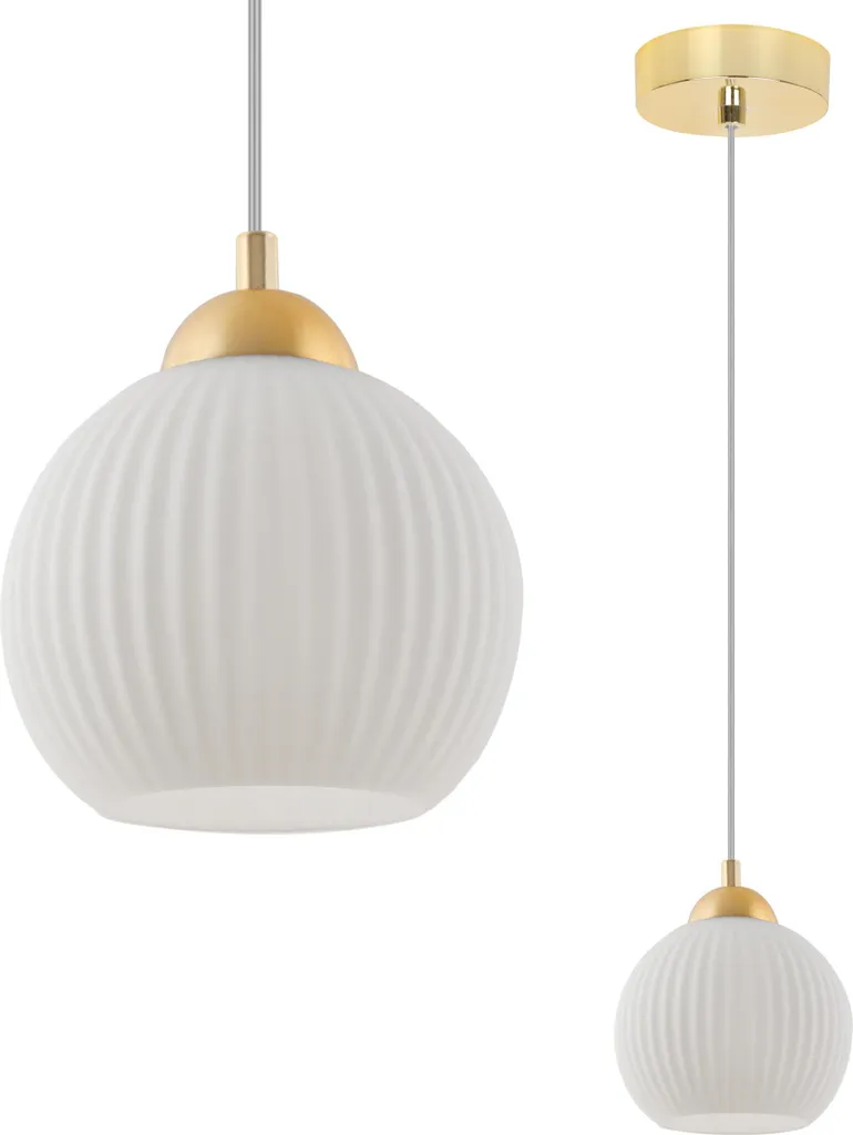 Lampadario Globo Oro Riffle Vetro Bianco Sospensione Moderna
