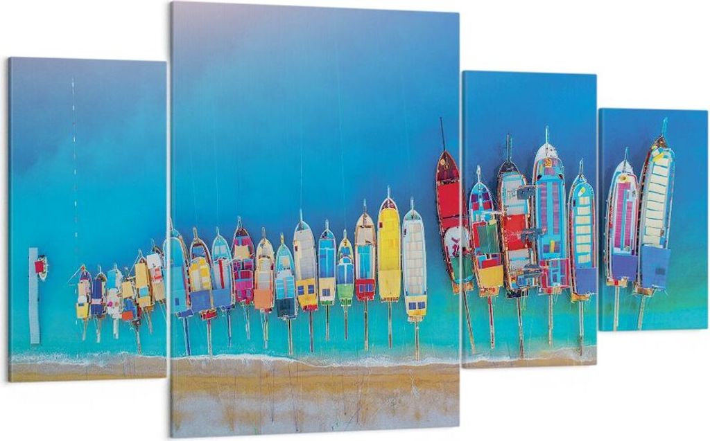 Bild auf Leinwand - Leinwandbild - 4 Teile - Schiffe Strand Perspektive - 160x90cm - Wand Bild - Wanddeko - Wandbilder - Leinwanddruck - Bilder - W...