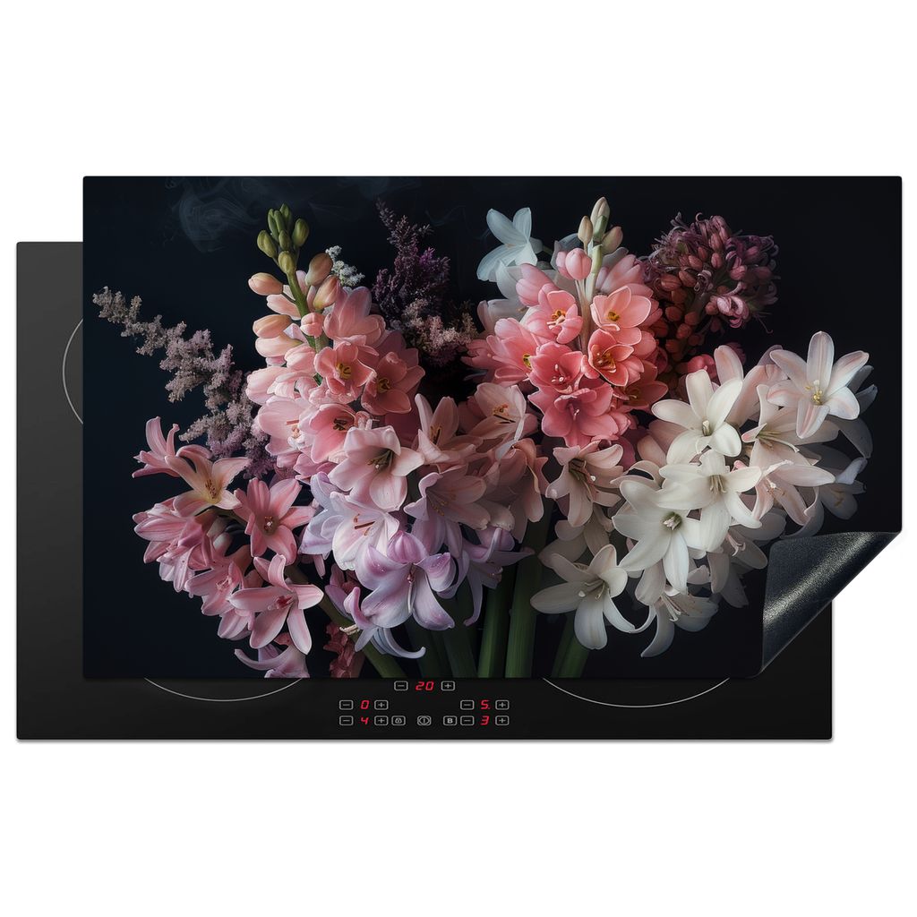 KitchenYeah Herdabdeckplatte Hyazinthe - Blumen - Rosa - Weiß - Botanisch - Natur , 83x51cm, Küche Deko, Glaskeramikkochfeld Herdabdeckung, Abd...