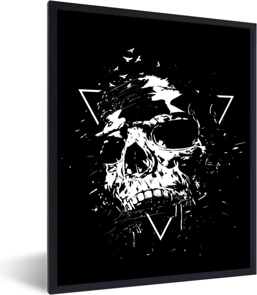 MuchoWow Gerahmtes Poster Totenkopf - Dreieck - Weiß - Schwarz 60x80 cm - Poster mit Schwarzem Bilderrahmen Wandposter Rahmen Foto Bilder - Prem...