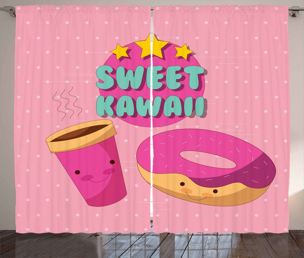 ABAKUHAUS Anime Rustikaler Vorhang, Kawaii Krapfen Kaffee, Wohnzimmer Universalband Gardinen mit Schlaufen und Haken, 280 x 175 cm, Mehrfarbig