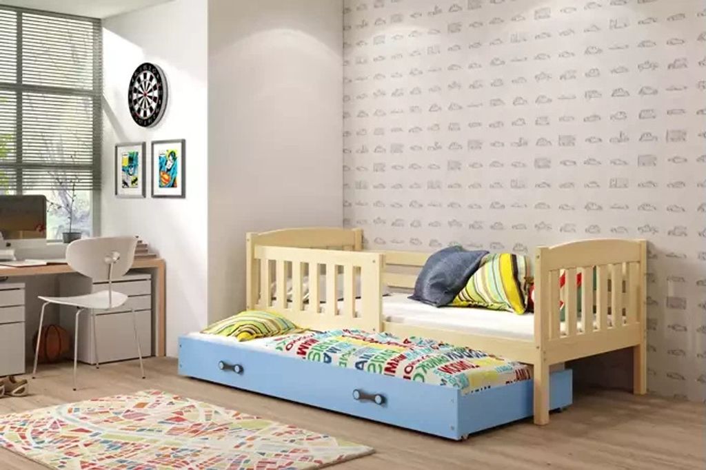 Kinderbett mit Zustellbett und Matratzen 80x190 BRIGID – Kiefer / Blau