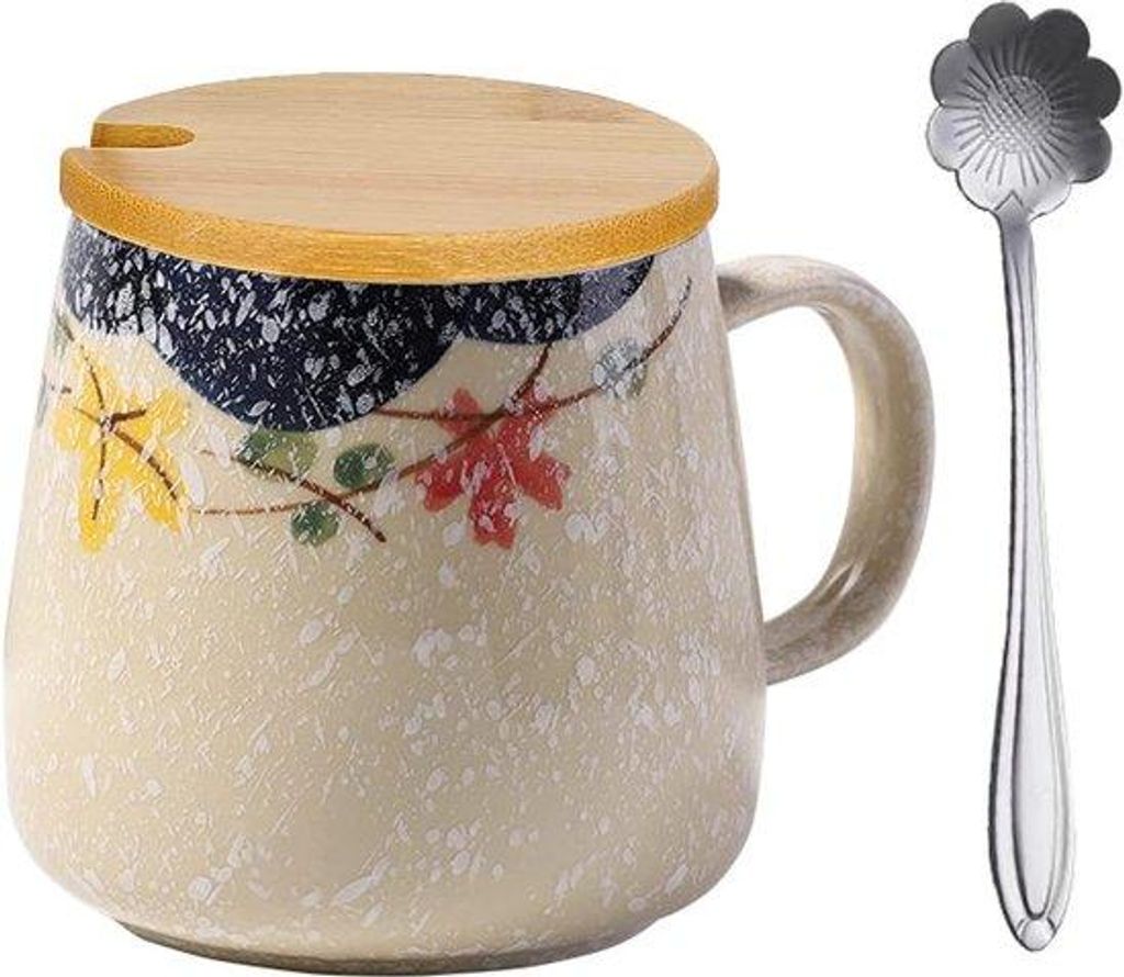 Keramische Wassereimer mit Deckel und Löffel, Kaffeebecher mit Deckel, Steingut-Cappuccino-Tassen 400 ml, japanischer Mokka-Becher, handbeschrifte...