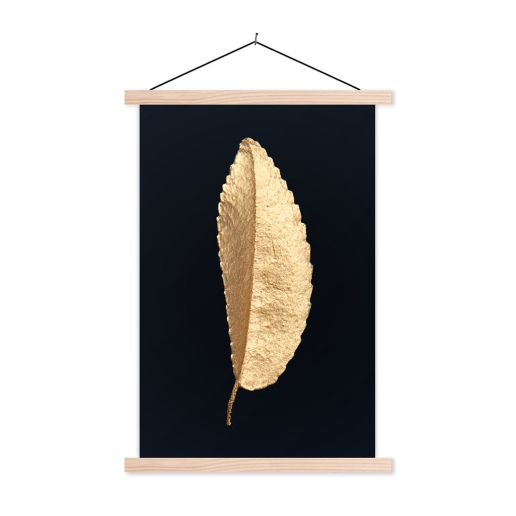 MuchoWow Textilposter Blätter - Schwarz und Gold - Luxus - Chic - Natur 60x90 cm mit holzfarbenen Rahmen - Textil