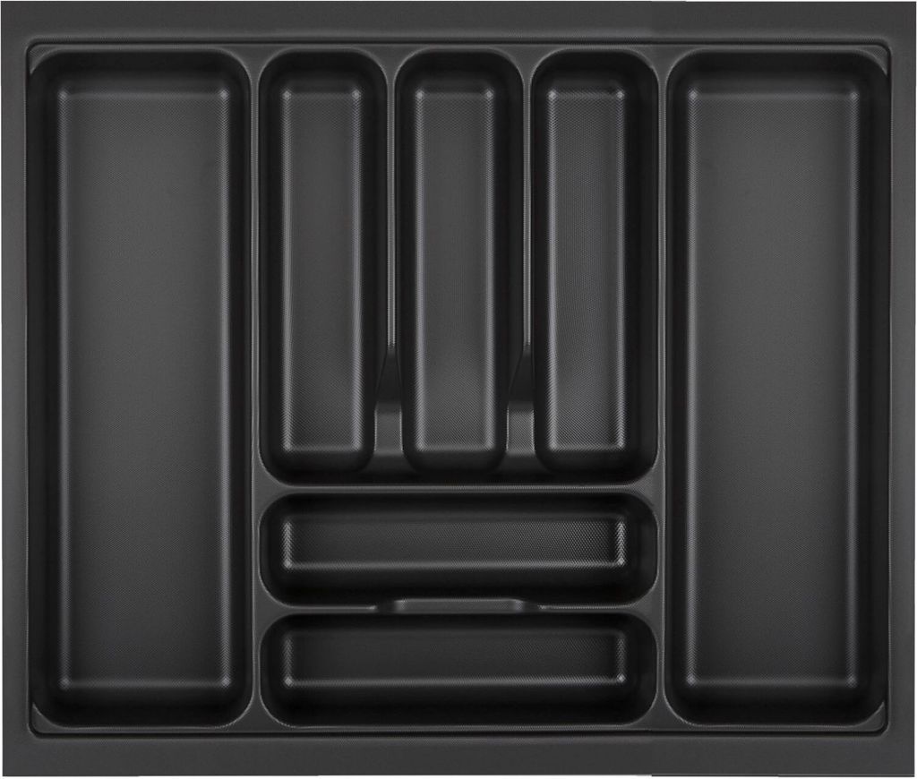 A top-down view of an empty black cutlery organizer tray.