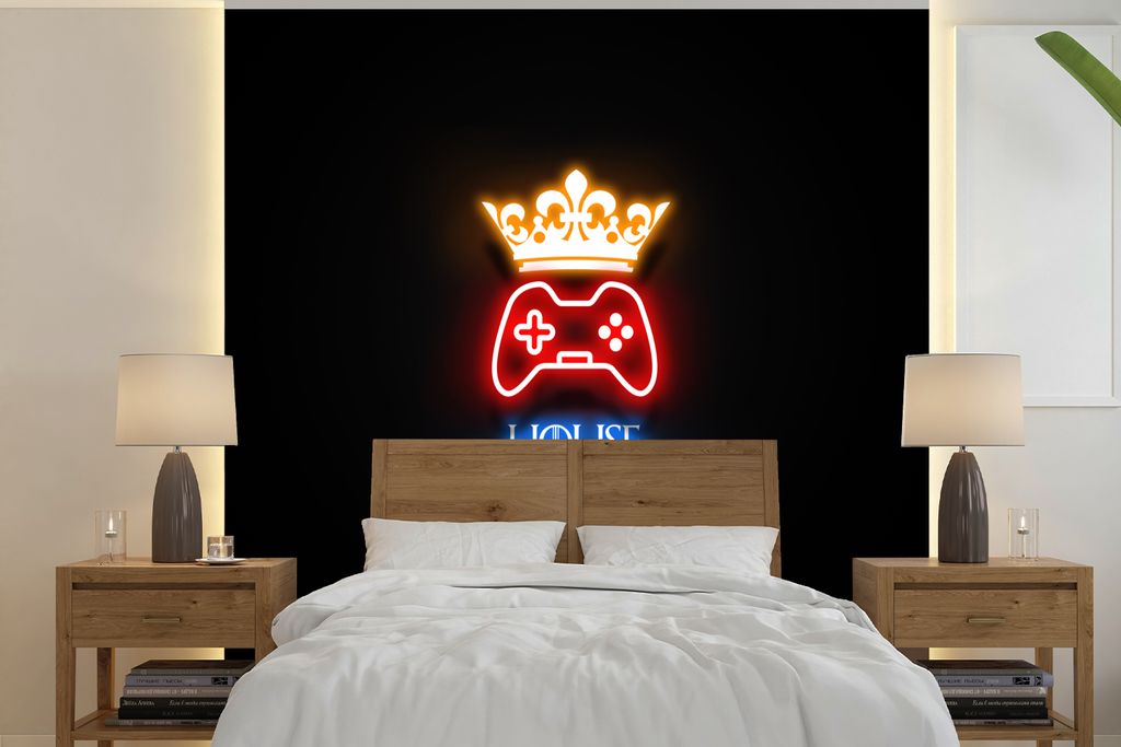 MuchoWow Fototapete für Wohnzimmer oder Schlafzimmer Wandtapete Vinyl Motivtapete Zitate von Spielen - Neon - Haus des Spiels - Krone - Text - 3...