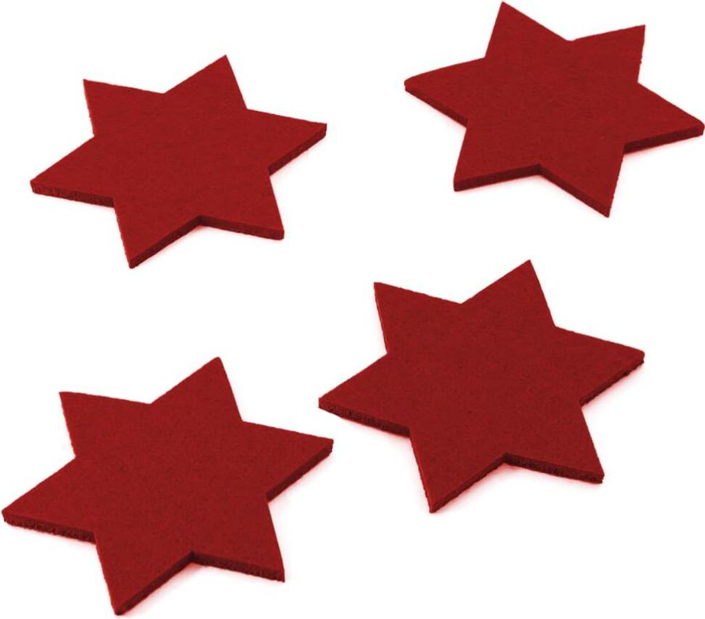 Four red star-shaped felt coasters are arranged on a white background.