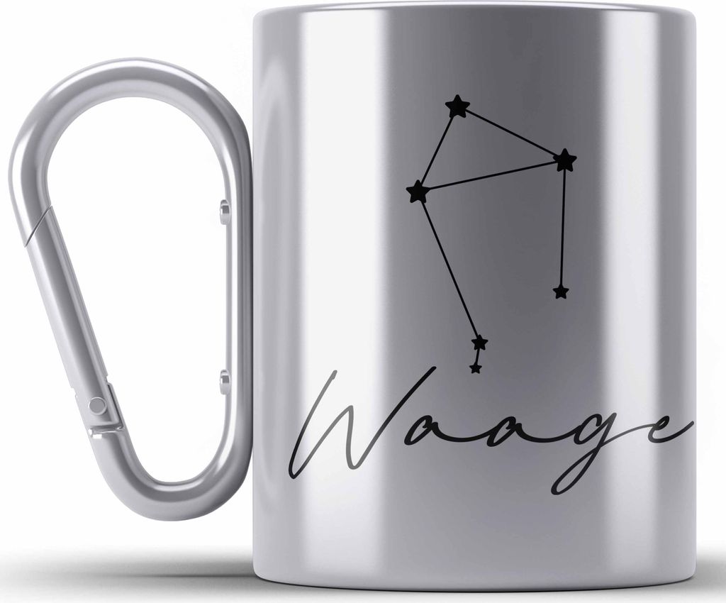 Trendation - Waage Sternzeichen Edelstahl Tasse Karabiner Geschenk Horoskop Tierkreiszeichen (Silber)