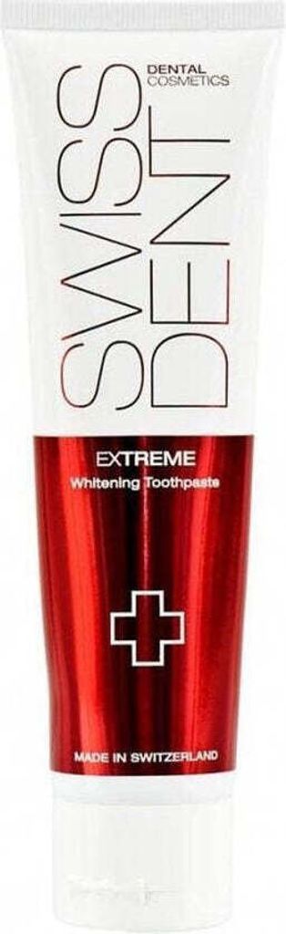 A tube of Swissdent Extreme Whitening Toothpaste against a white background.