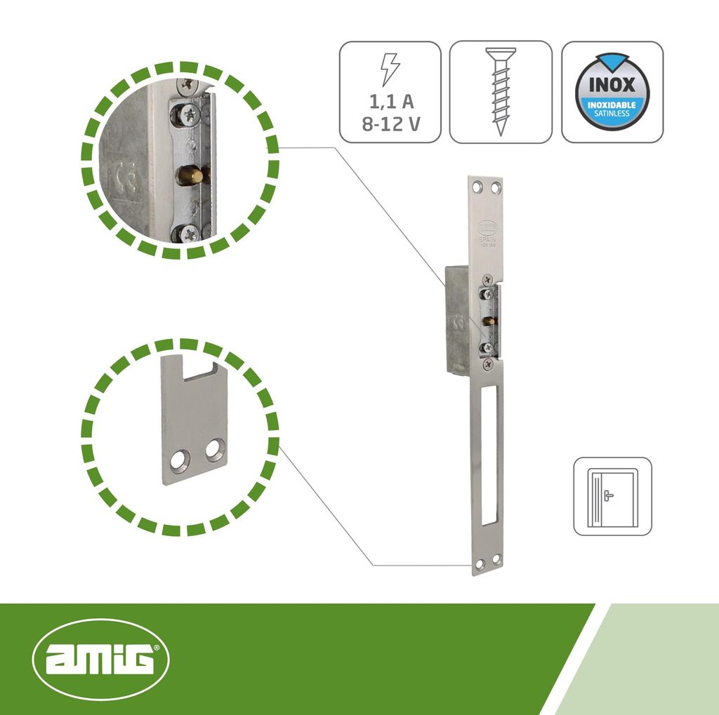 Amig - Elektrischer Türöffner, Modell 21, 250 x 25 x 3 mm, Stromstärke: 1,1 A, Inklusive Spule mit 8-12 V Wechselstrom, Türschloss für Portale