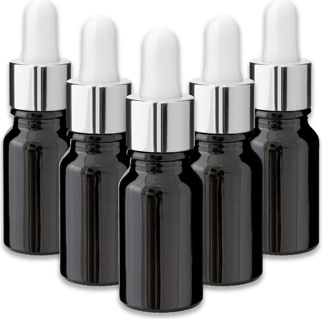 5x Schwarze Glasflasche 10 ml mit silberner Pipette – Kosmetikflasche