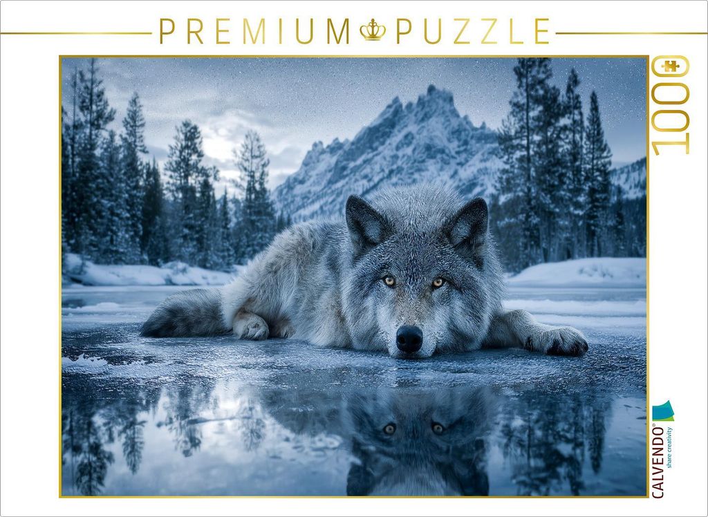 CALVENDO Puzzle Wolf auf Eis im Winterwald | 1000 Teile Lege-Größe 64x48cm Foto-Puzzle für glückliche Stunden