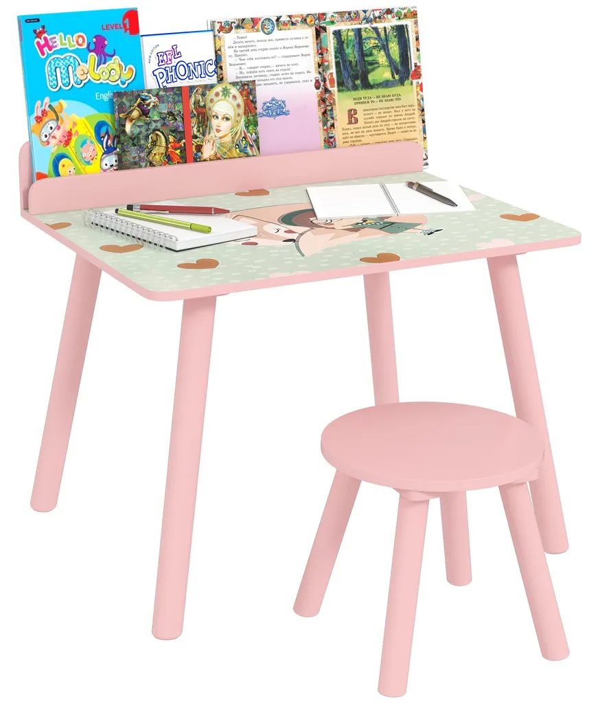 Bureau enfant avec chaise et bibliothèque intégrée rose design ourson