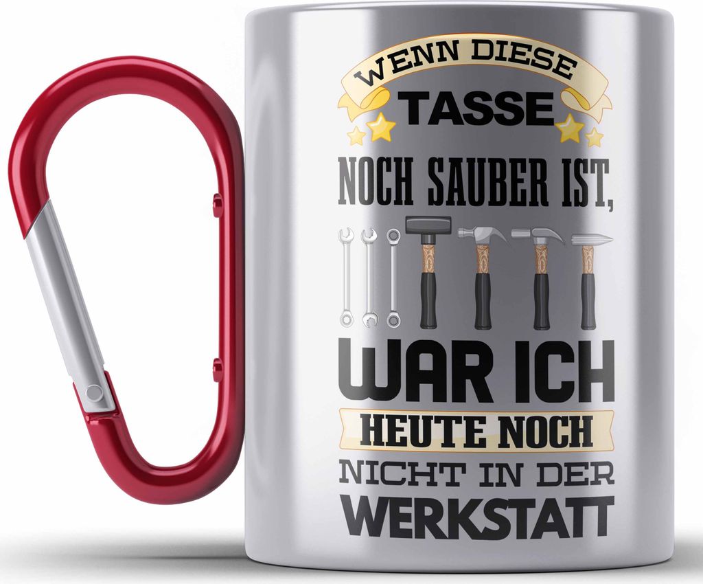 Trendation - Werkstatt Edelstahl Tasse Karabiner KFZ Mechaniker Mechatroniker Geschenkidee (Rot)
