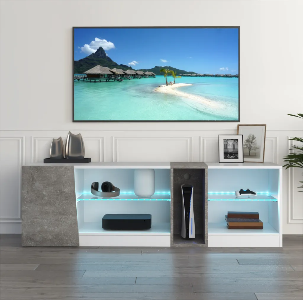 Mondeer TV-Lowboard Armoire TV LED 140cm Blanc et Gris de Salon Moderne
