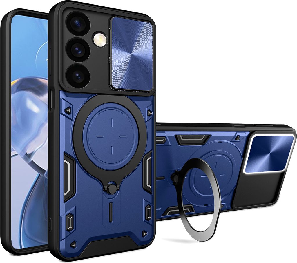Handyhülle für Samsung Galaxy S24 Plus Dual-Layer Stoßfest Rüstung Hülle mit Dia Kameraschutz und Kreisförmig Ring Ständer Blau