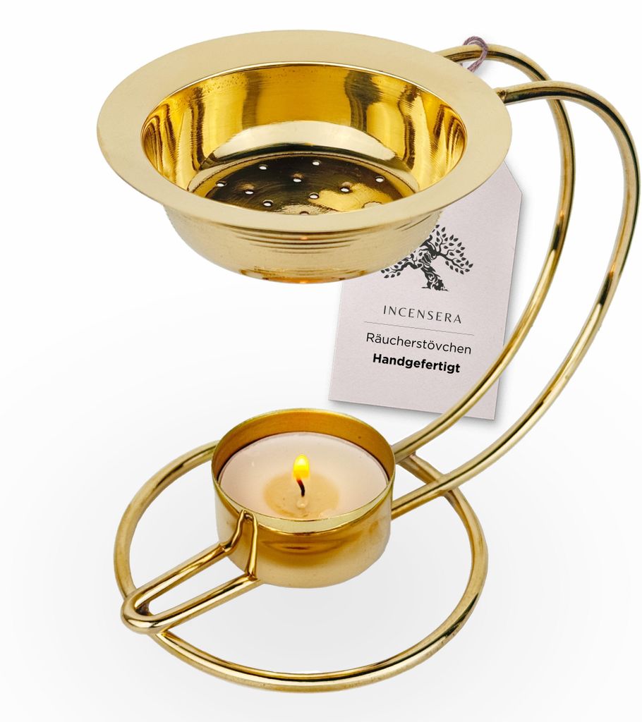 Räucherstövchen mit Sieb - Gold mit Bogen, Edles Design für Produktbild 