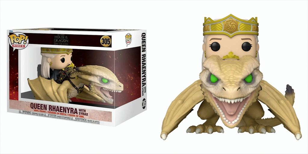 A product image showing a Funko Pop! Rides figure of Queen Rhaenyra on her dragon Syrax, both in and out of its packaging.