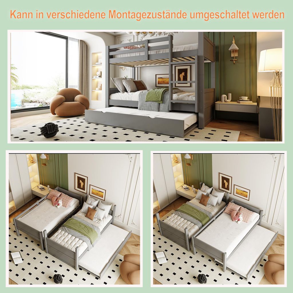 Merax Etagenbett 90x200 mit Ausziehbett und Lattenrost, Holzbett umwandelbar 2 Einzelbetten, Kinderbett mit Leiter und Sicherheitsgeländer, Grau