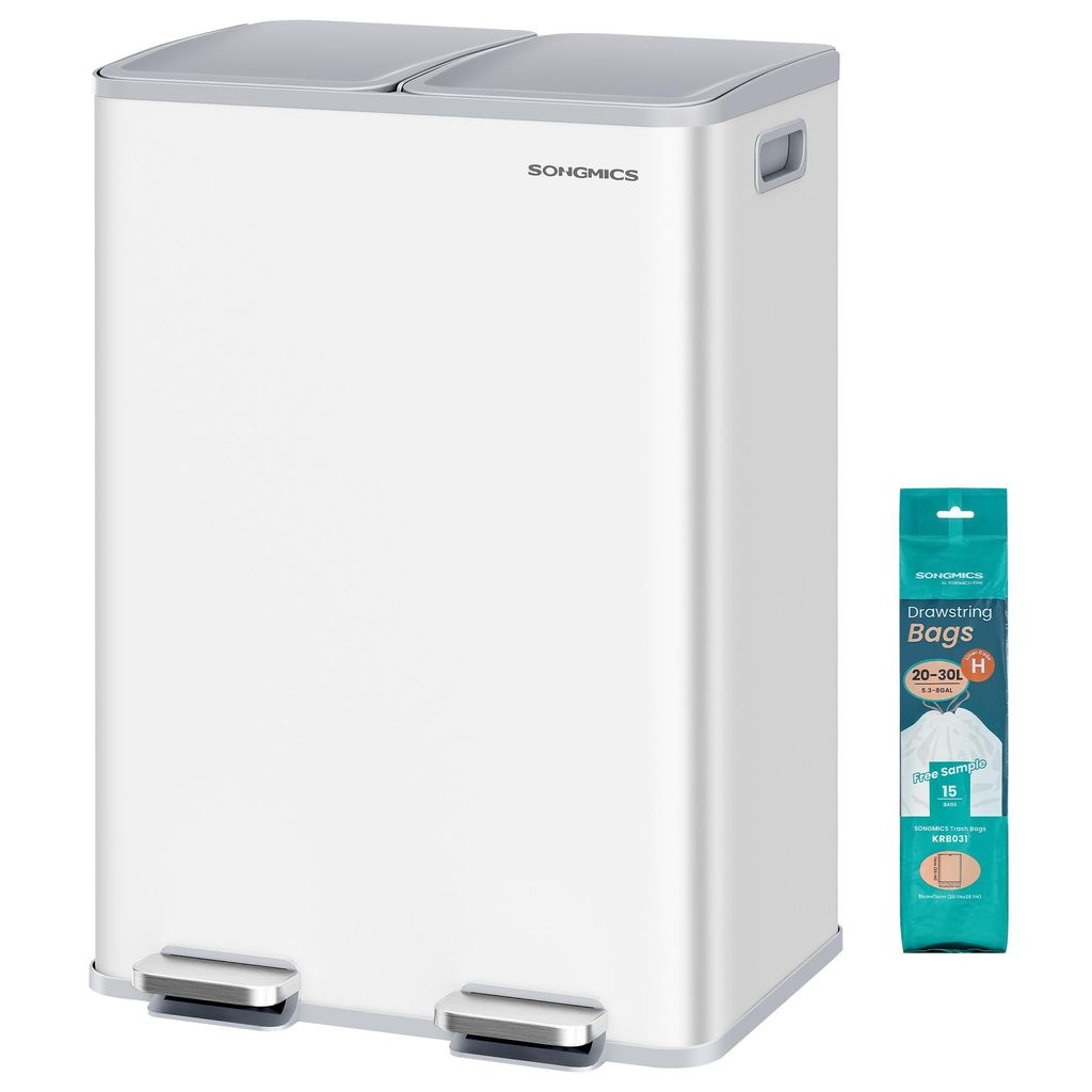 A white dual-compartment kitchen trash can with silver pedals and a package of trash bags.