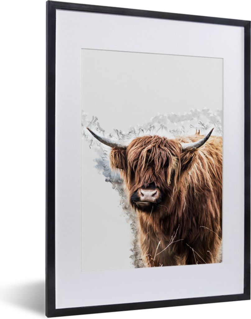 MuchoWow MuchoWow Gerahmtes Poster Schottisches Hochlandrind - Kuh - Weiß 30x40 cm - Poster mit zchwarzem Bilderrahmen - Wandposter Schlafzimmer