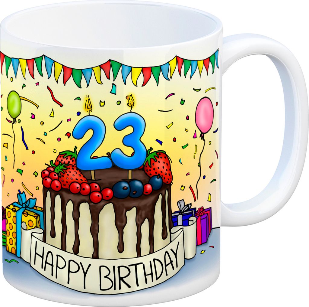 23. Geburtstag Tasse mit Kuchen und Geschenk und Anhänger: zum 8401. Tag