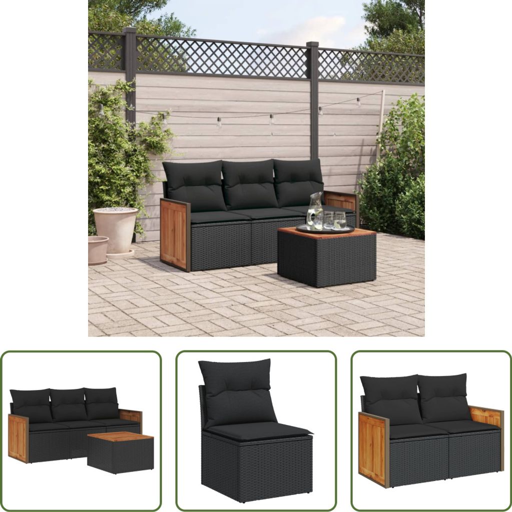The Living Store 4-tlg. Garten-Sofagarnitur mit Kissen Schwarz Poly Rattan