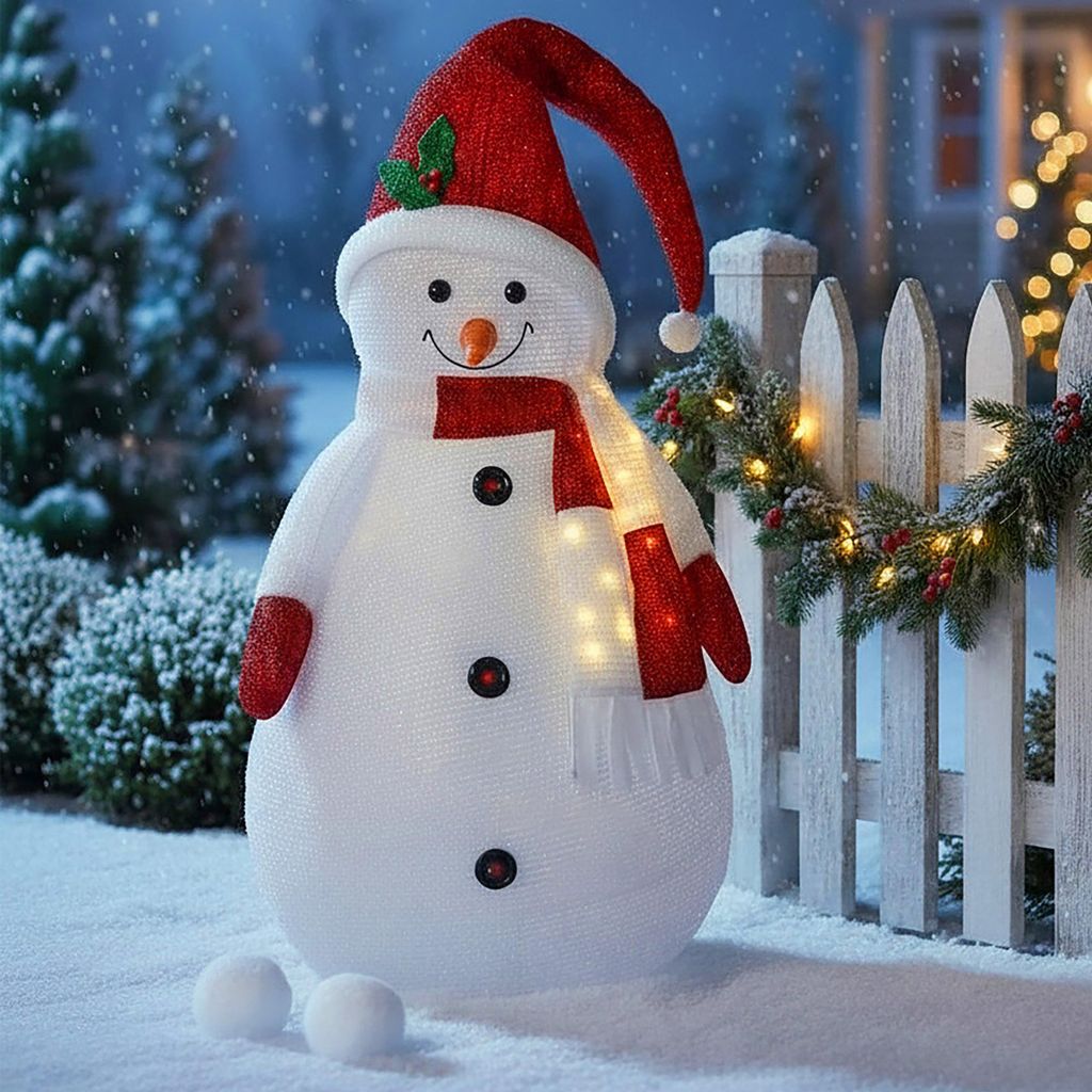 A festive snowman decoration stands in the snow next to a white picket fence adorned with Christmas lights and garland.