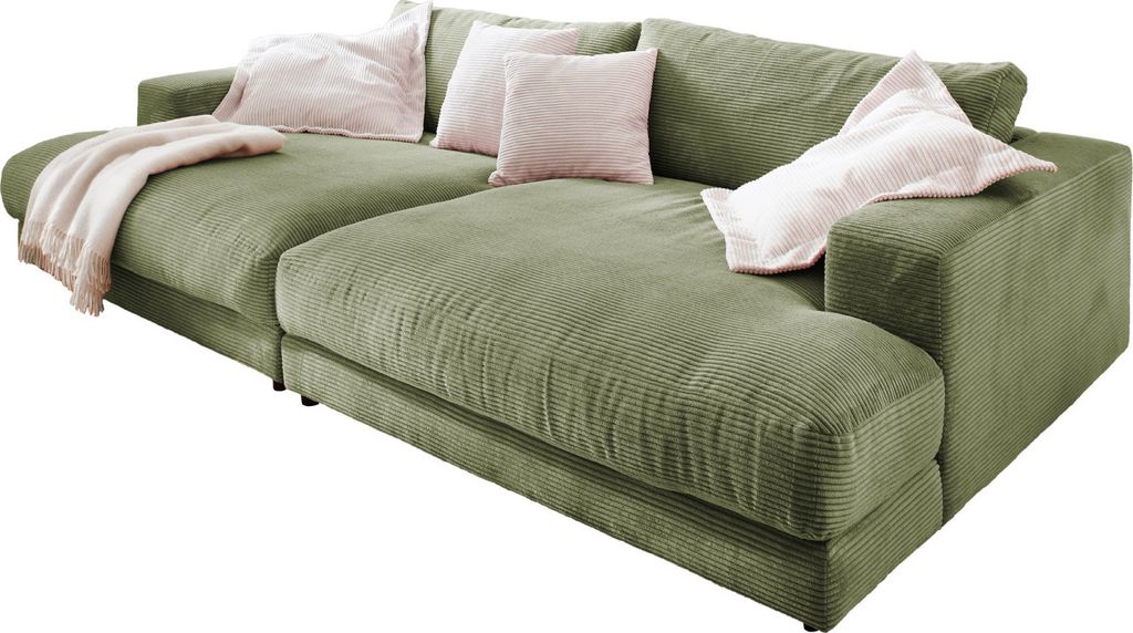 KAWOLA Big Sofa MADELINE mit Holztablett natur für Armlehne Cord olivgrün