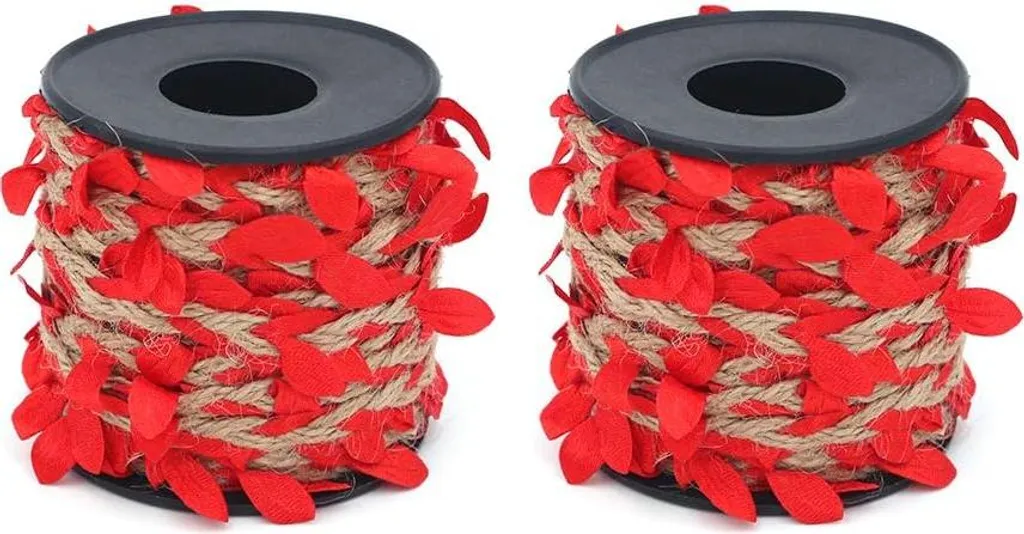 Cordon en jute avec feuilles rouge 2x10m - Ruban naturel pour déco