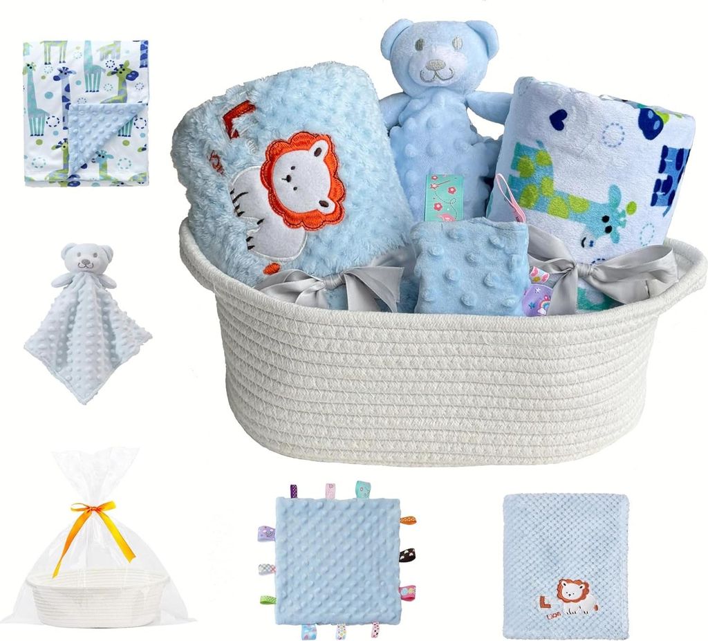 Allecto Premium - Baby Geschenkset: Aufbewahrungskorb, Decken, Sicherheitsdecke, Tuch - Blau - Komplettset für Babys mit zusätzlichen Accessoires
