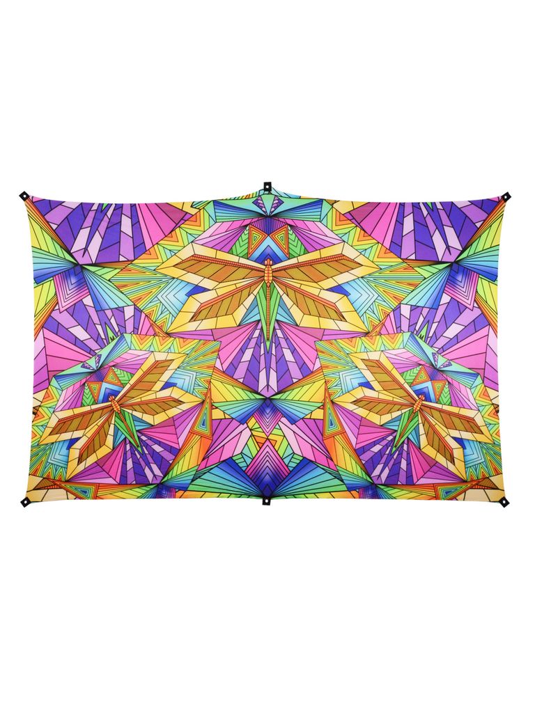 PSYWORK Schwarzlicht Segel Elasthan Backdrop "Neon Polygon Dragonfly", 2,25x3,50m Partydekoration Tuch Wandbehang