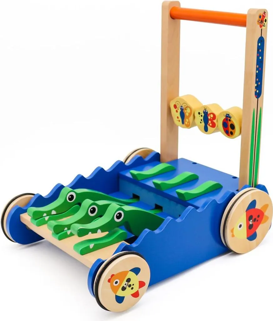 Trotteur en bois avec crocodiles joyeux - Aide à la marche pour bébé