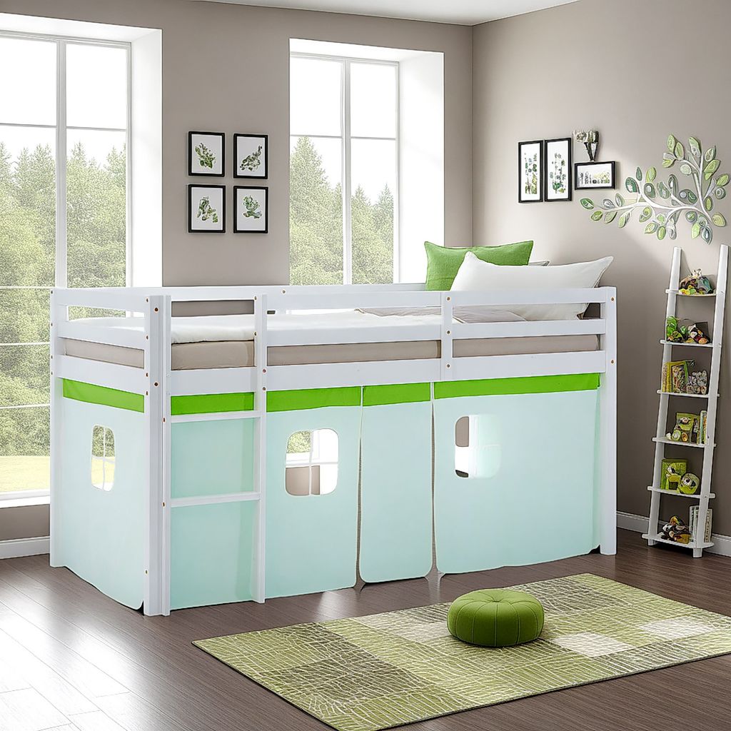 Homestyle4u Kinder Hochbett 90x200 Vorhang grün Kinderbett Weiß Holz Kiefer Massiv Stockbett