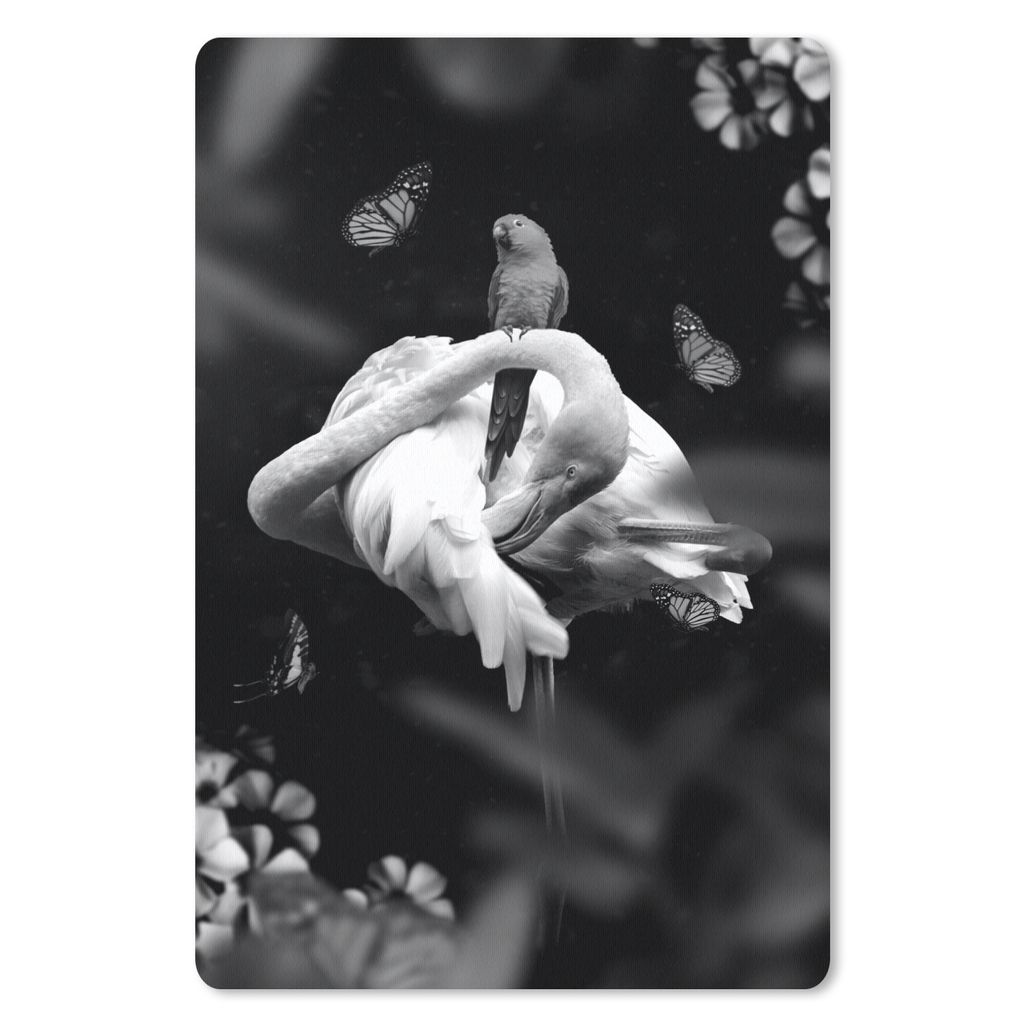MuchoWow Mauspad Mousepad Flamingo mit Schmetterlingen im Dschungel - schwarz und weiß 18x27 cm - Mousepads - Maus Mat - Pad - Mausunterlage