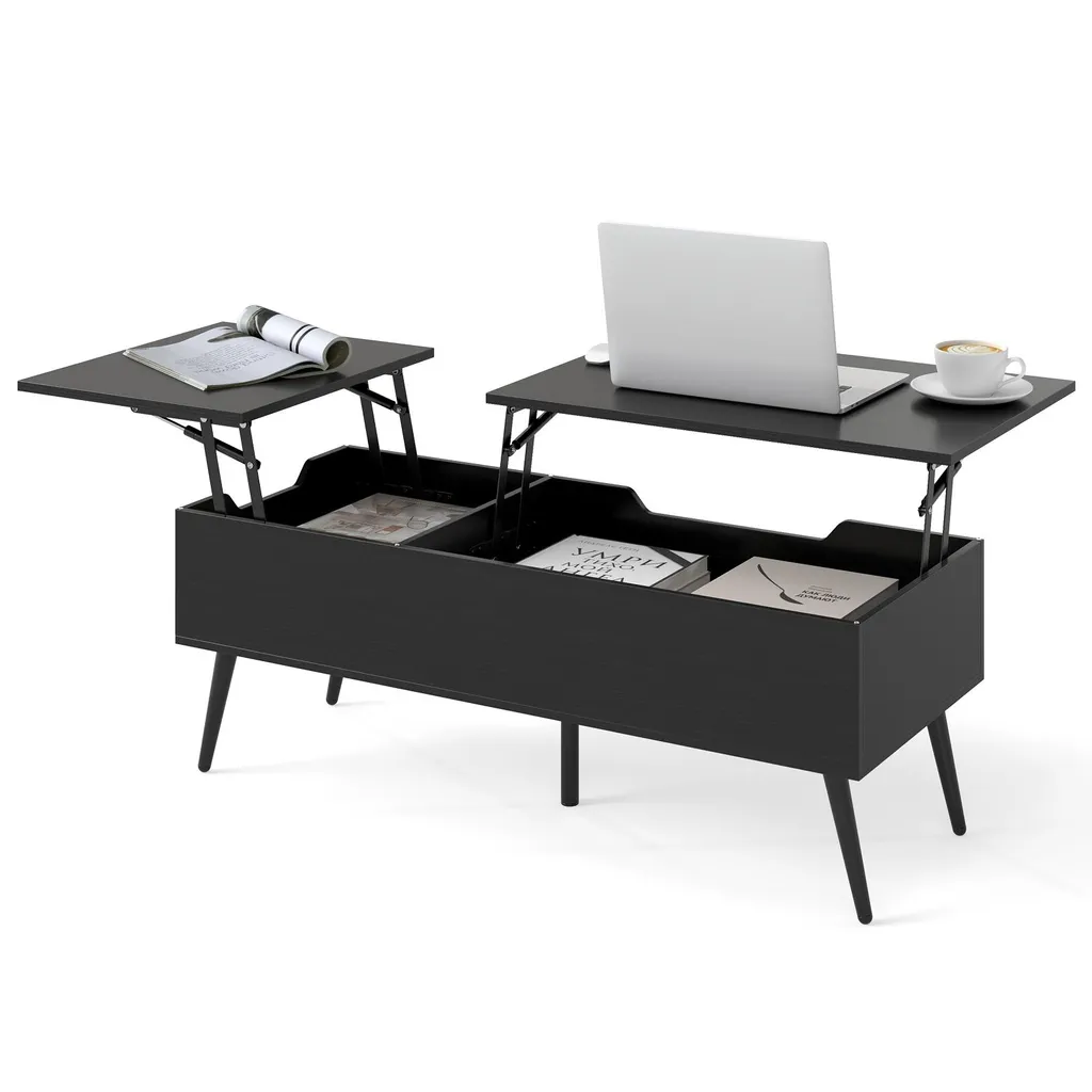 Tavolino da caffè COSTWAY con piano sollevabile, tavolo centrale con 2 vani portaoggetti nascosti, tavolo da lavoro ribaltabile con gambe in metallo 111*48 *40-53,5 cm, nero
