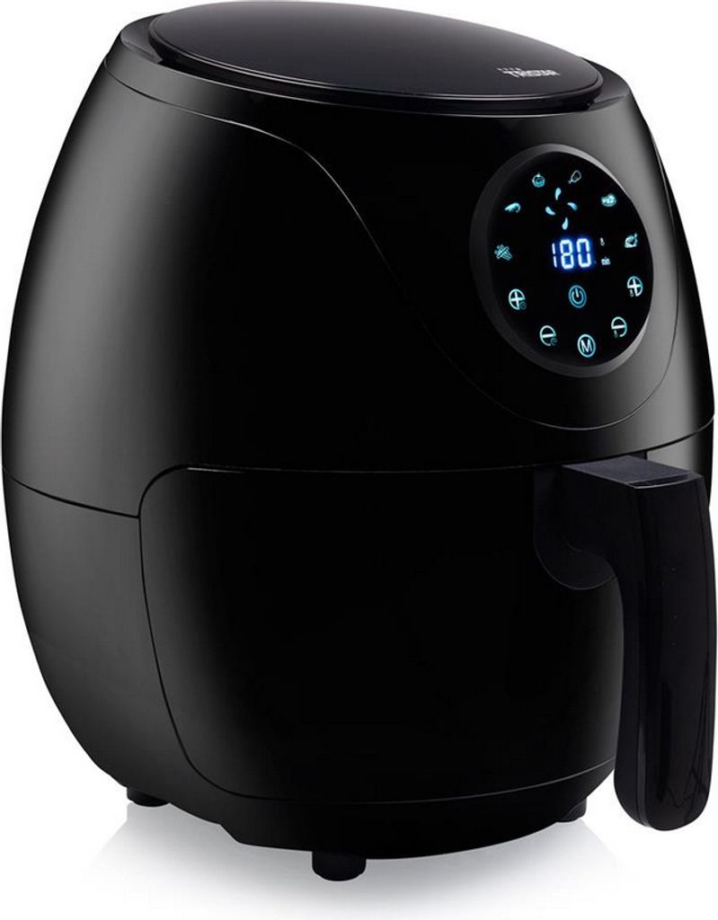 A black air fryer is shown from a three-quarter angle against a white background.