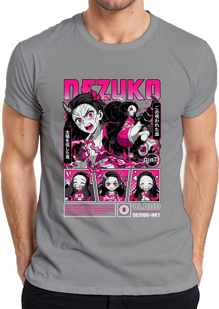 Demon Slayer Nezuko Dämon Blut Anime Geschenk Japan Y2K Streetwear Halloween Herren T-Shirt, Grau, XL