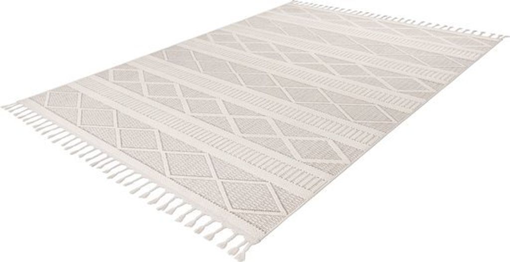 Lalee Tunis Flachwebteppich Böhmischer Teppich Hoch- und Niederflor 3d mit großen Fransen Zeitlos 200x290cm Elfenbein Off White