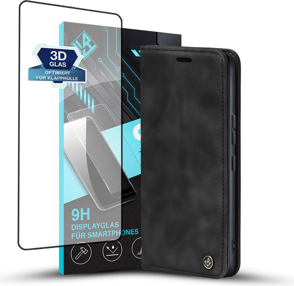 Handy Hülle für Xiaomi 15 Ultra mit 9H Displayglas Klapphülle Bookcase Flip Cover Handy Tasche Etui Farbe: Schwarz