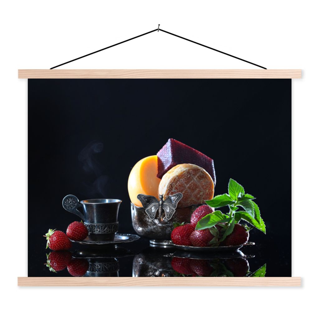 MuchoWow Textilposter Rustikal - Obst - Käse - Tisch - Stilleben 40x30 cm mit holzfarbenen Rahmen - Bilder