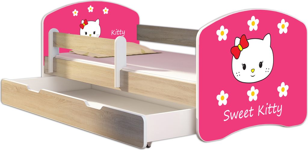 ACMA Jugendbett Kinderbett Junior-Bett Komplett-Set mit Matratze Lattenrost und Rausfallschutz Sonoma 16 Sweet Kitty 2 180x80 + Bettkasten