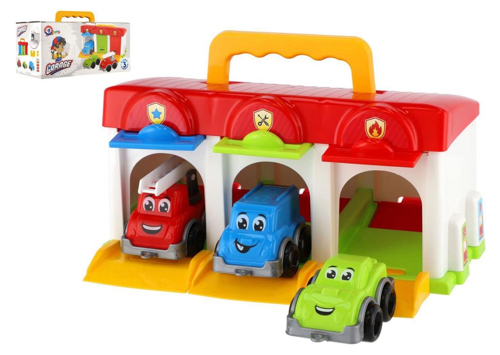 Garage mit 3 Spielzeugautos + Zubehör aus Kunststoff in Produktbild 