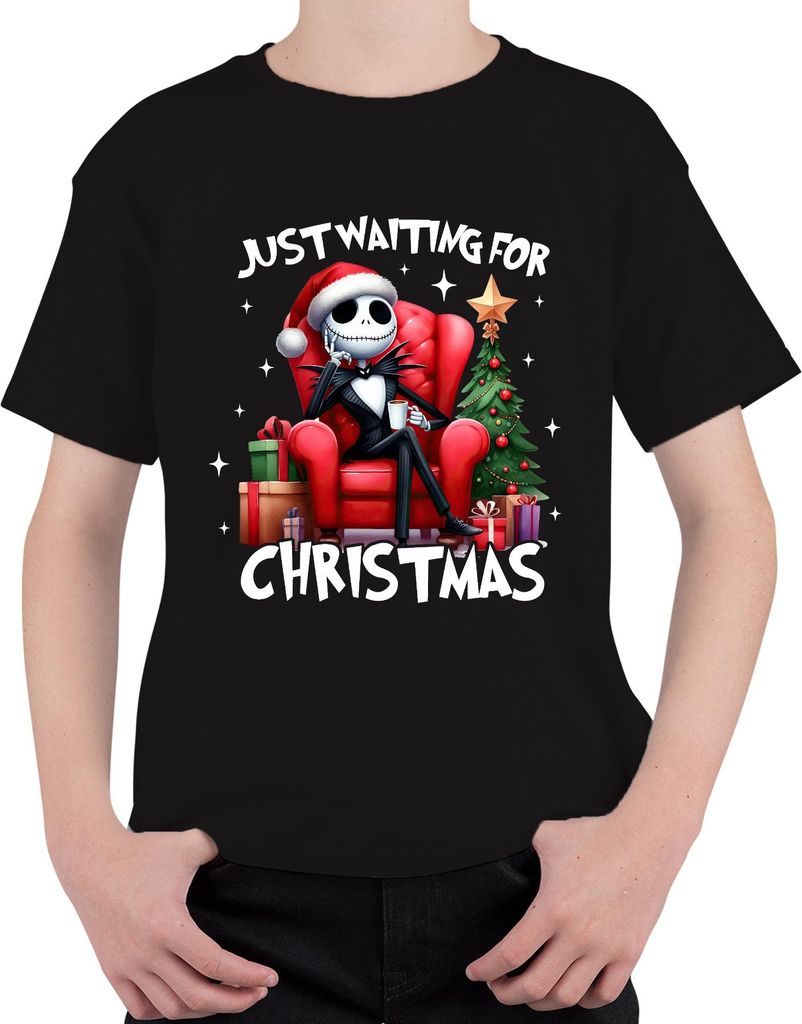 Just Waiting For Christmas Jack Skellington Skelett Weihnachten Uni Kinder T-Shirt, Schwarz, 140