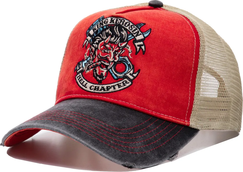 King Kerosin Herren Trucker Destroyed Cap "Hell Chapter" Nero e Rosso