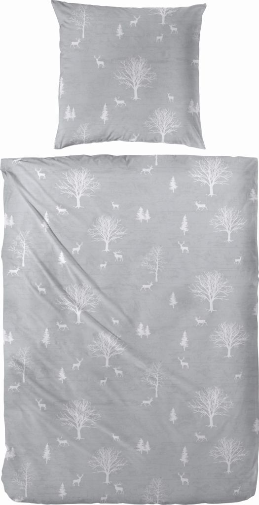 FEIN-BIBER Bettwäsche Deckenbezug ca.135x200 cm Kissenbezug ca. 80x80 cm Waldmotiv Hellgrau